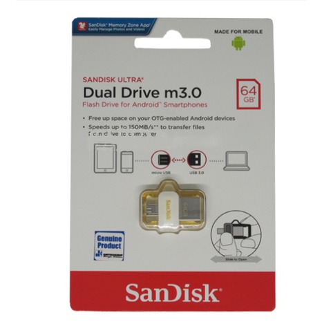 SanDisk Dual Flashdrive OTG 16GB/32GB/64GB/128GB Micro OTG  USB Flash Disk OTG 150M/S USB3.0 emas Super Dual Drive - GOLD 100% Original