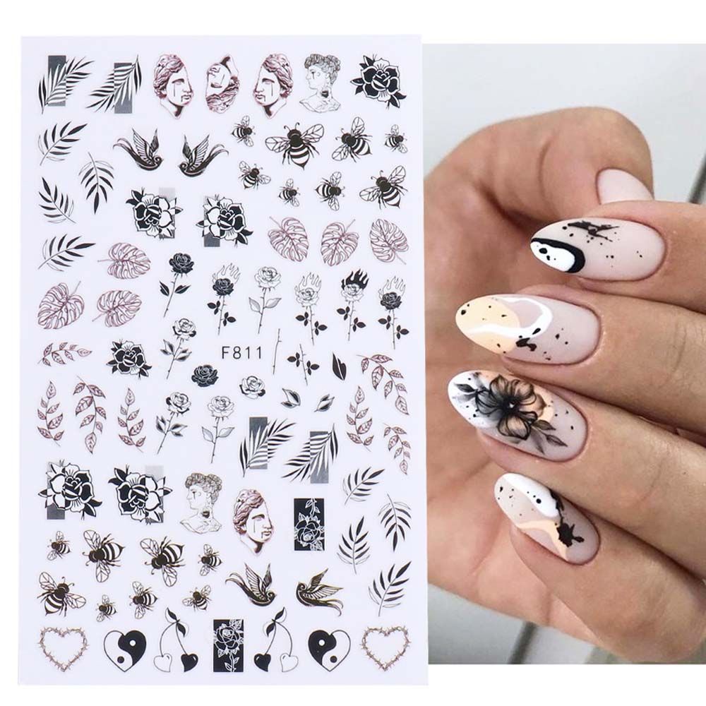 Mxbeauty Stiker Kuku Motif Bunga 3d Warna Hitam / Putih Untuk Dekorasi Nail Art / Manicure Diy