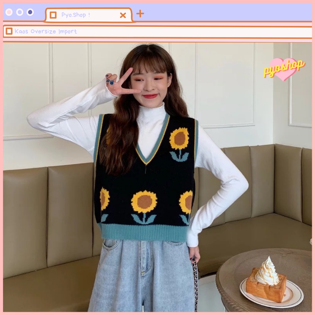 SUNNY KNIT VEST Rajut Bunga Matahari Lembut Wanita Outer