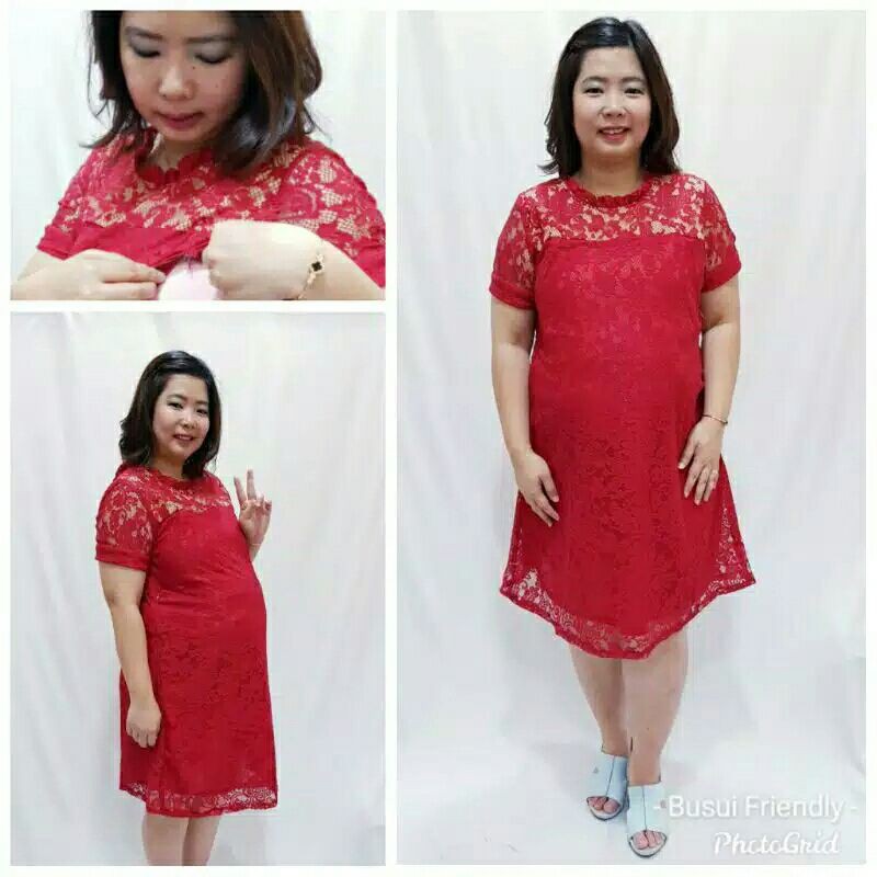 Dress pesta ibu hamil menyusui.baju hamil merah.baju kondangan jumbo bumil busui