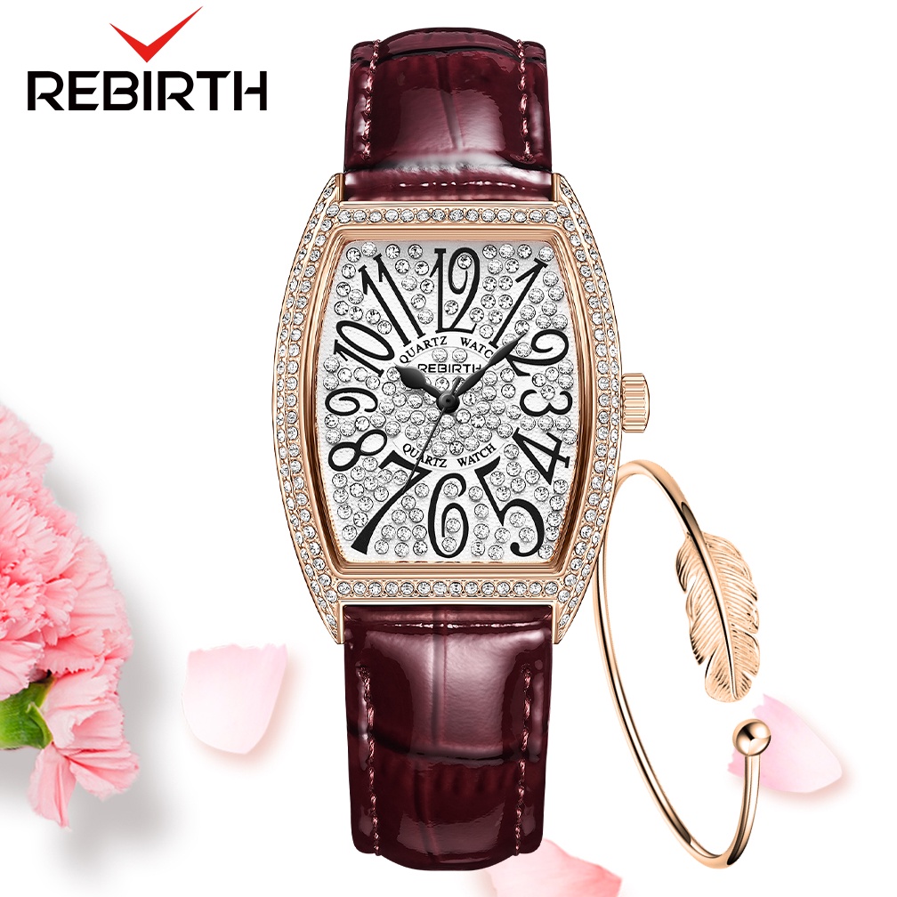 REBIRTH Jam Tangan Wanita Mode Klasik Tonneau Berlian Dial Tahan Air Kuarsa Tali Kulit Jam Tangan Cewek