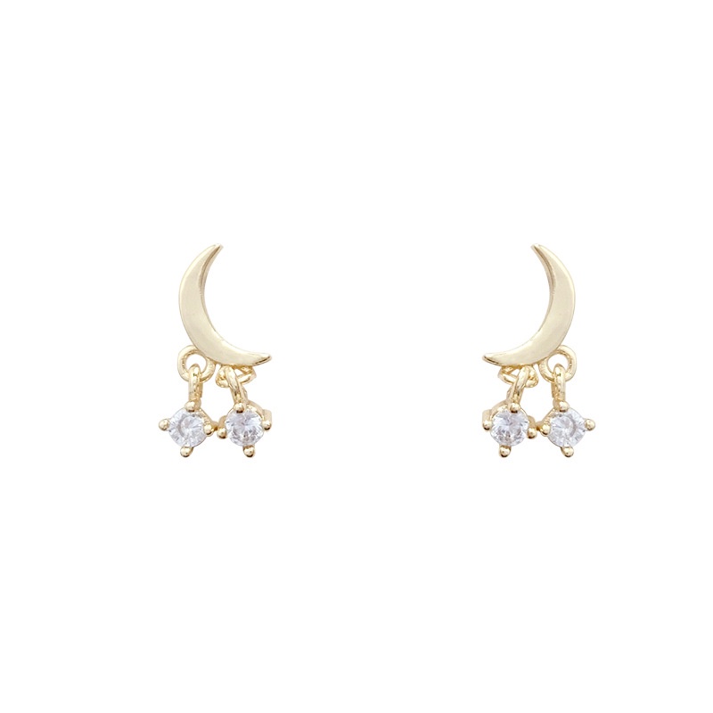 Anting Tusuk Gantung Bahan Sterling Silver 925 Desain Bulan + Bintang + Kristal / Berlian Untuk Wanita