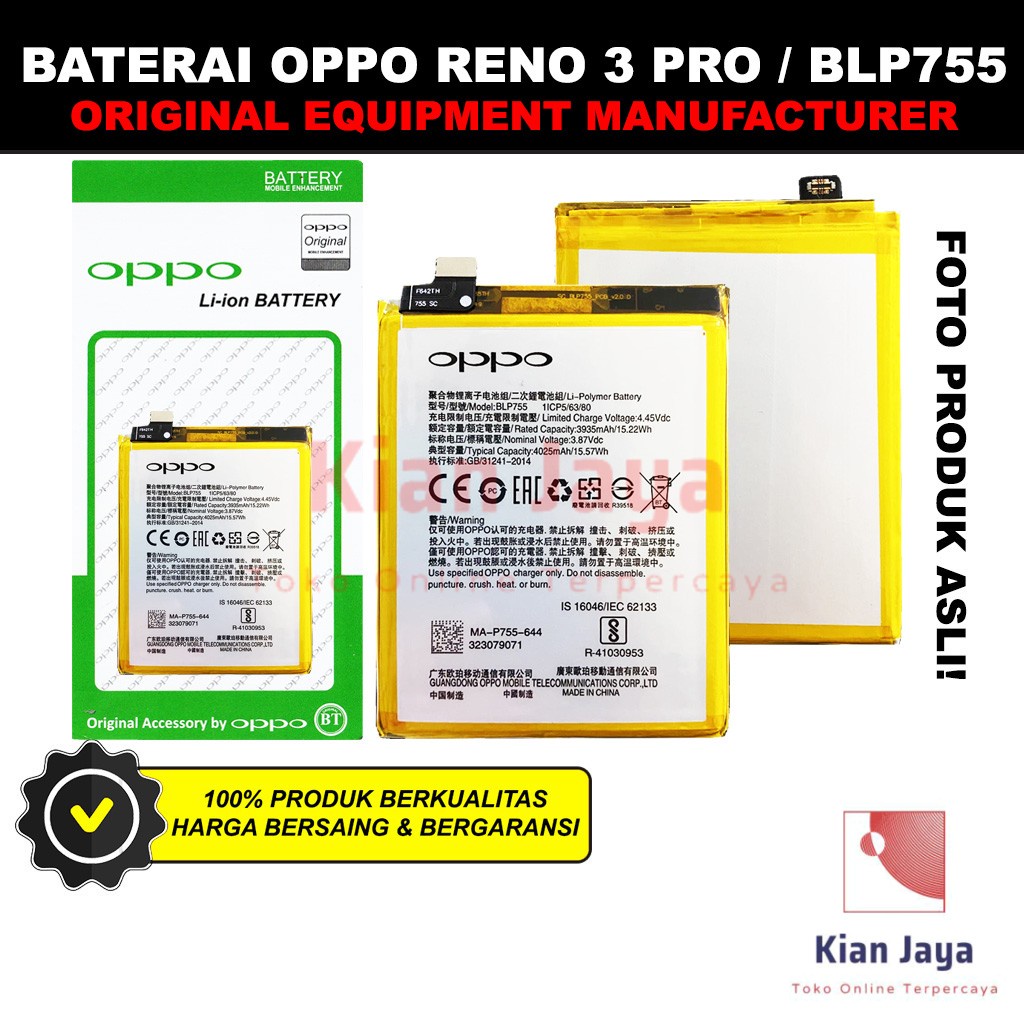 Baterai Oppoo Reno 3 Pro / BLP755 Original OEM Batre Batrai Battery Hp BLP 755 Ori