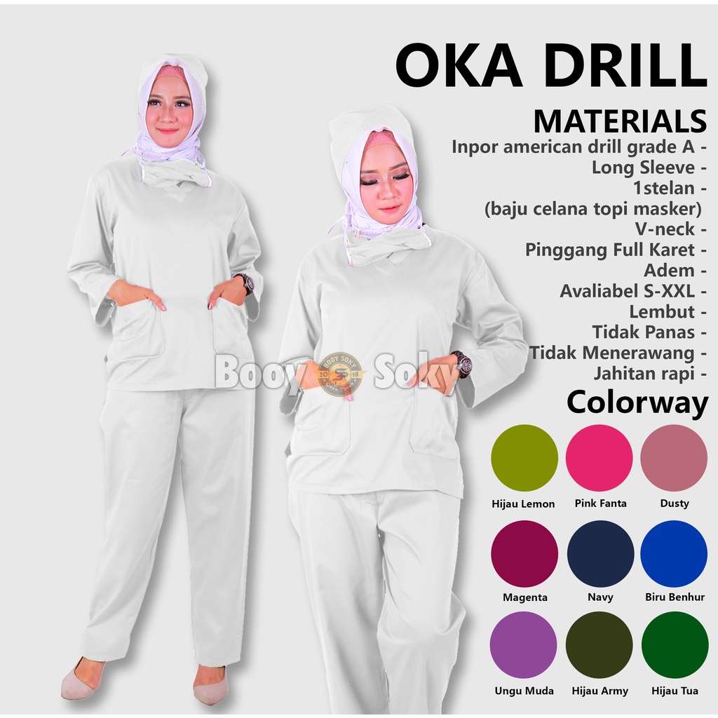 Baju Jaga Ok Oka Perawat Medis Lengan Panjang Dinas Kesehatan Malam | Baju Ok Murah Berkualitas American Drill | Set Scrub Dokter Kerah V-Putih