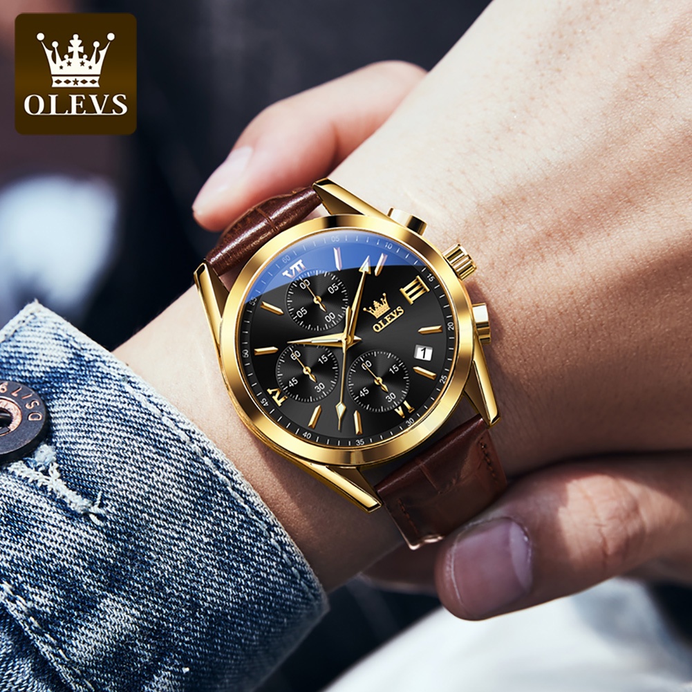 OLEVS Jam Tangan Pria Anti Air Original Asli Kulit Tahan Keren Ori Hitam Coklat Luxury Chronograph Watch Men Multifungsi