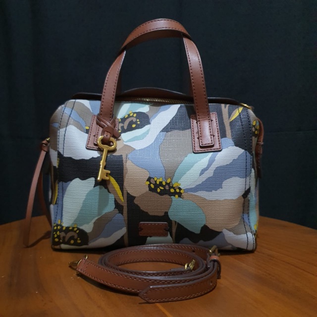 Fossil emma dark floral satchel + dust bag (preloved like new)