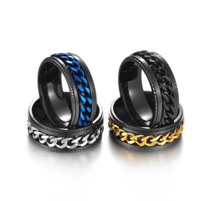 Cincin Titanium Pria Rantai Putar Unik Silver Hitam Gold Biru - BR524