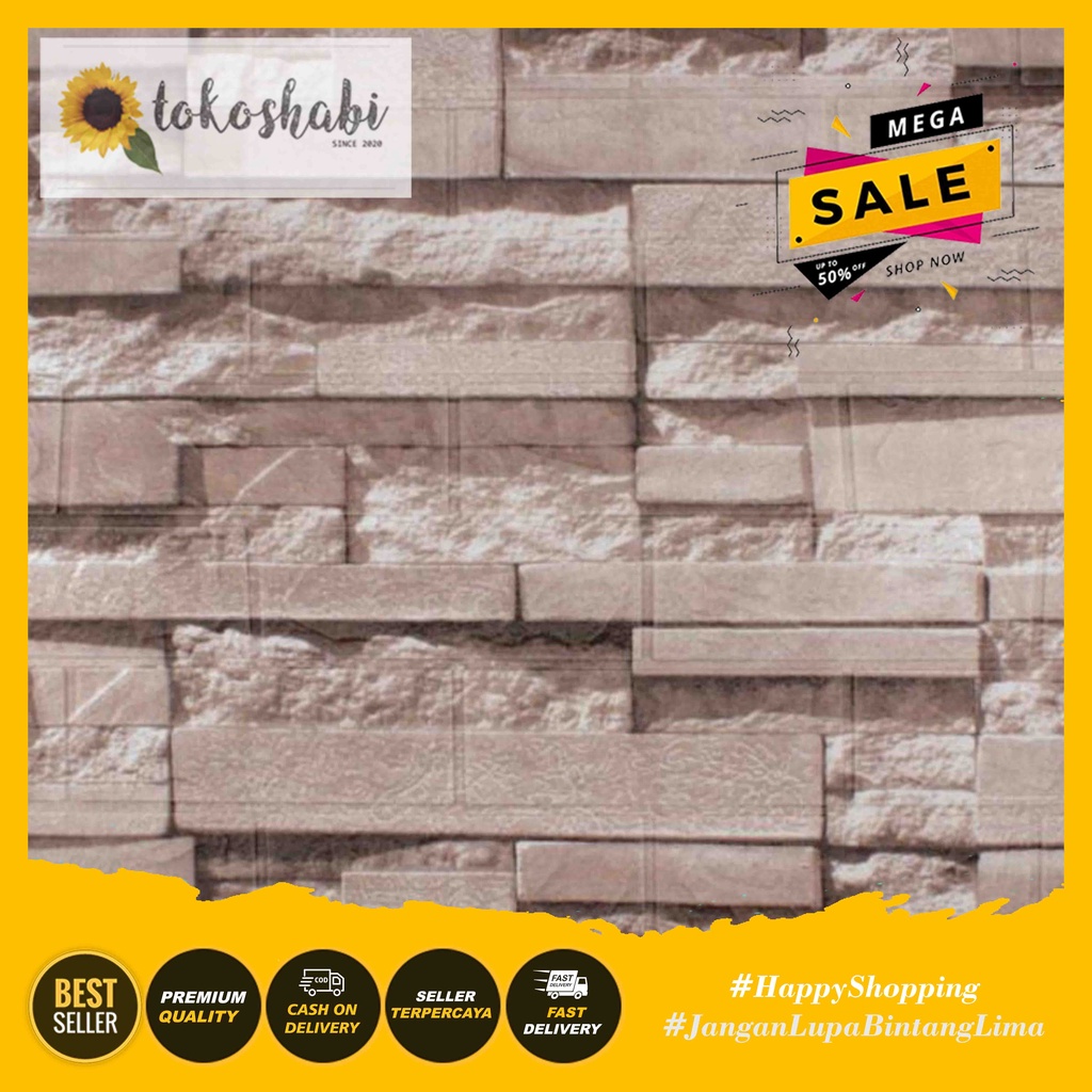 Wallfoam Sticker 3D Modern Foam Wallpaper Dinding Karakter Motif Batu Alam-Batu Corak Cream