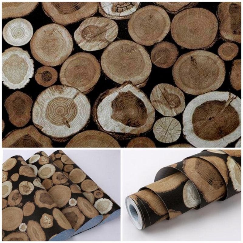 WALLPAPER DINDING/STICKER WALL MOTIF POTONG KAYU