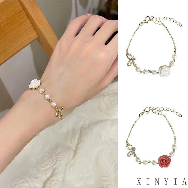 Xia.id Gelang Tangan Wanita Desain Bunga Mawar Hias Mutiara