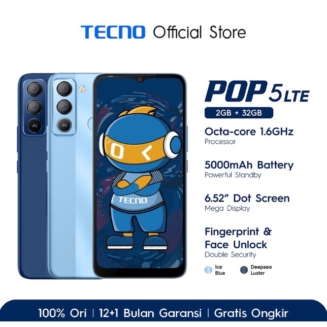 TECNO POP 5 LTE [120+ Quality Test, 5000mAh, 6,5" HD+, Fingerprint + Face Unlock] #HPNYASEJUTAUMAT B