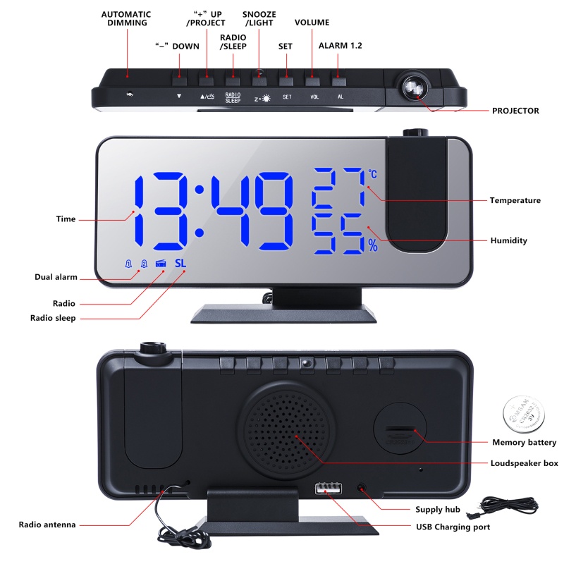 Kiss LED Proyektor Layar Plafon LCD Stopwatch Temp Alarm Clock Proyeksi Digital