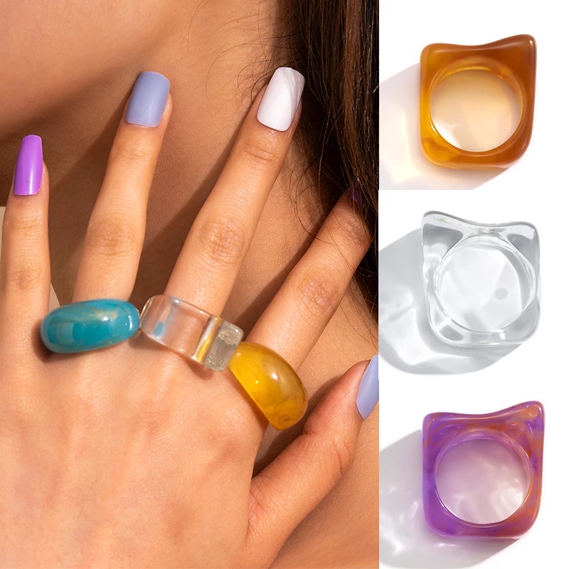 Cincin Bentuk Oval Geometris Tidak Teratur Bahan Resin Gaya Retro Untuk Wanita