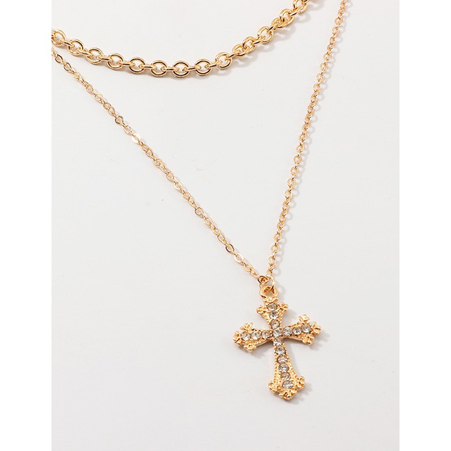 LRC Kalung Fashion Gold Cross-studded Double-layer Necklace D28004