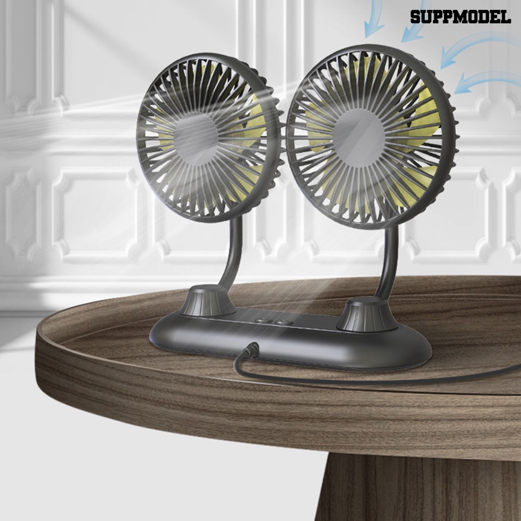 Kipas Angin Elektrik Portable Rotasi 360 Derajat 5V 1A Dual Kepala Dengan Port USB Untuk Mobil Van