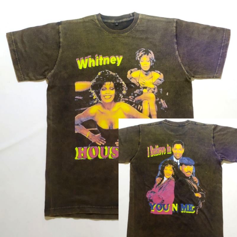 Whitney Houston Vintage Wash Front And Back Printed Tee/Kaos Whitney Houston Vintage Wash Style Fron