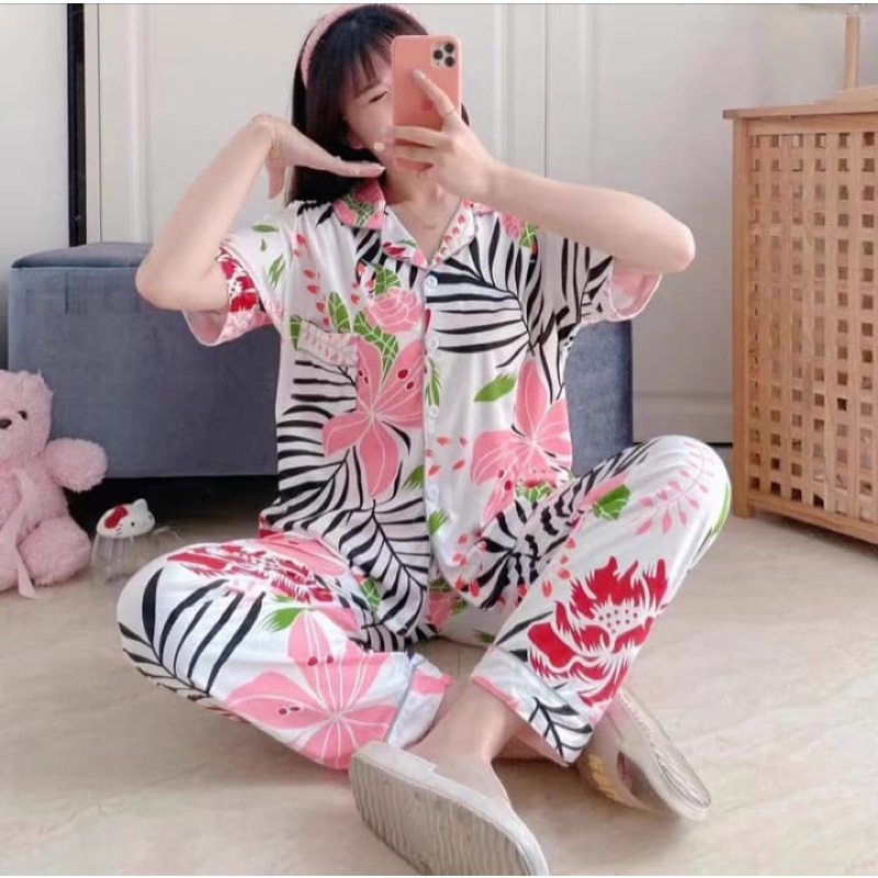 JC- PIYAMA SET Import CP / Piyama wanita Import terbaru / Piyama Import Korean Style-Flow Leaf White CP