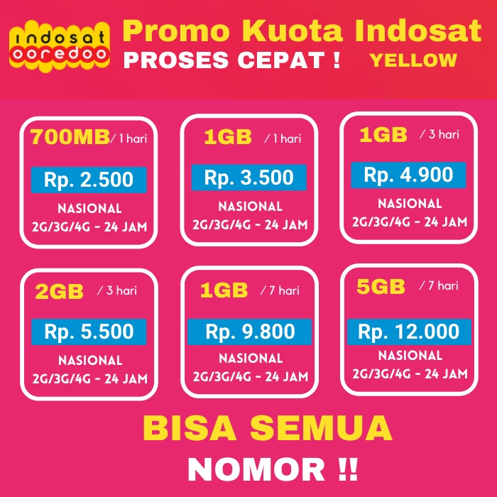 PROMO Paket Data Internet Kuota Voucher Isi Ulang Indosat Ooredoo Yellow Freedom Reguler Unlimited Harian Mingguan 500MB 700MB 1GB 1.5GB 2GB 5GB FULL 24 Jam Injek Kuota Indosat Ooredoo Tanpa Pembagian