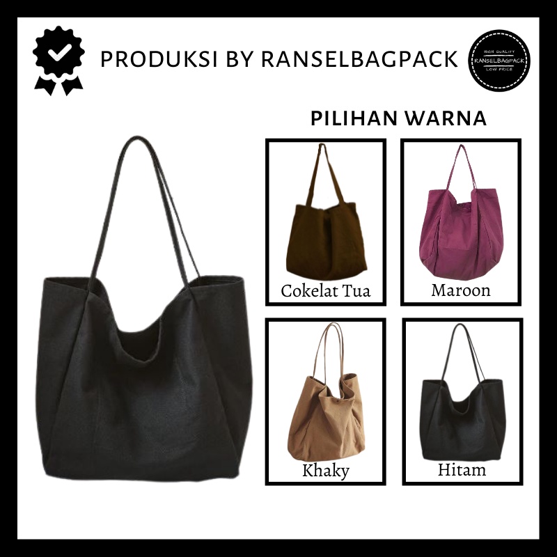 Tas Tote Bag Handle Bahu Kanvas Polos Kapasitas Besar Ringan Model Terbaru Kekinian Murah Perempuan Wanita Cewek