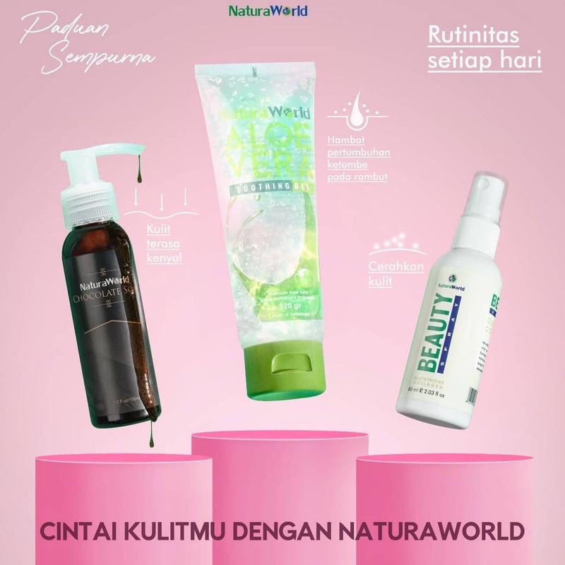PAKET MIX 3 PCS [NBS+NAV+NCS] NATURA BEAUTY SPRAY + ALOE VERA GEL + SABUN CAIR COKLAT NATURA WORLD (