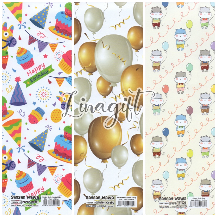 ( 5 Lembar ) JUMBO BDAY - KERTAS KADO SANWA RAINBOW UNICORN - GIFT WRAP PAPER ULANG TAHUN KUDA PONY HAPPY BIRTHDAY CUTE ANIMAL CATS FLAMINGGO BALOONS / BALON