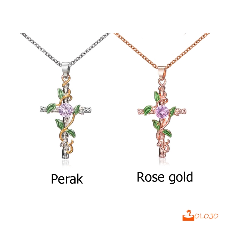OLOJO Kalung Salib Daun Berlian Tembaga Liontin Wanita Necklace