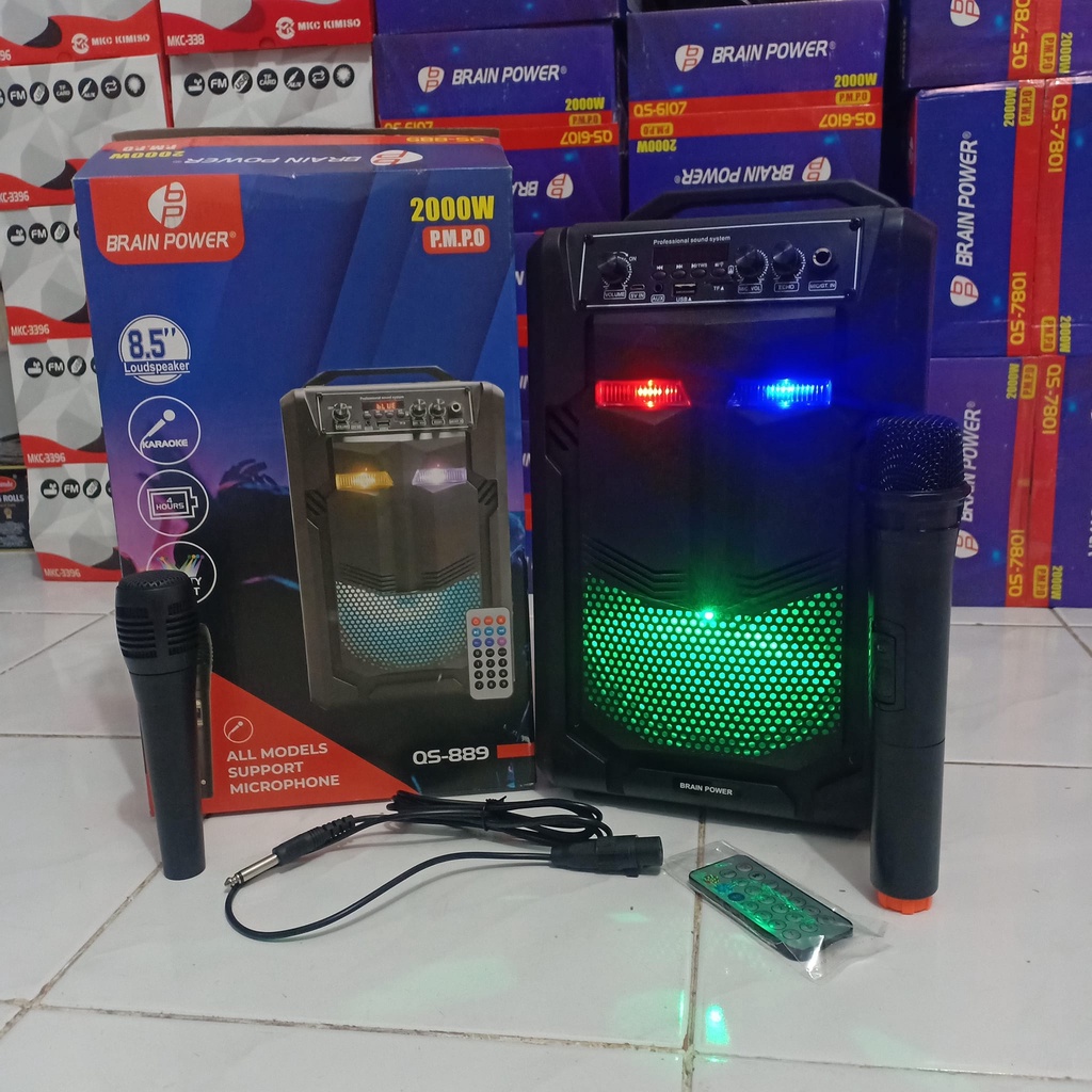 SPEAKER BLUETOOTH QS-889 BONUS + MIC KARAOKE WIRELESS + MIC KABEL+ REMOTE SUARA BASS