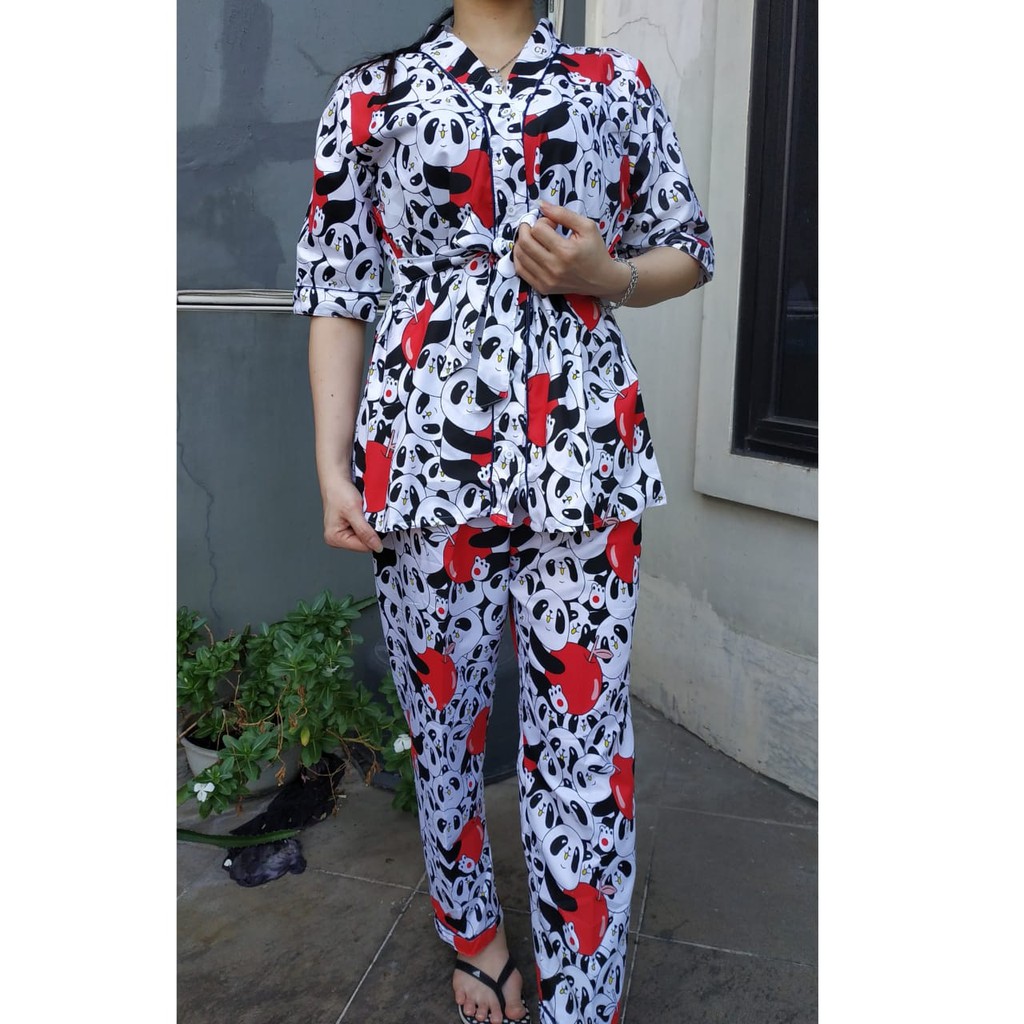 JNV Setelan Kimono CP Wanita Motif Karakter Kartun - Baju Tidur Kimono Lengan Pendek - Bahan Katun-Panda Apple Merah