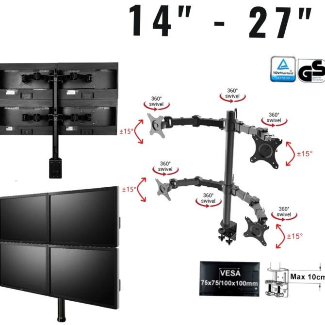 Bracket/Braket stand monitor jepit meja 4 Layar 14"-27"