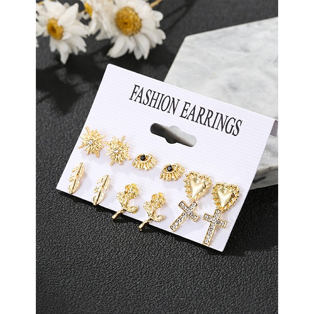 LRC Anting Set Fashion Gold Color 1 Eye Studded Cross Geometric P72941