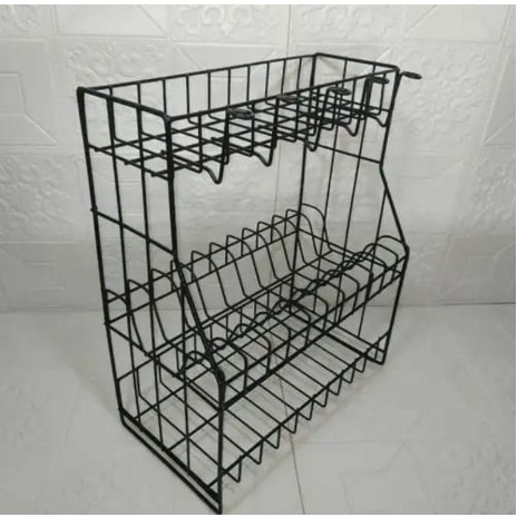 Rak piring susun 3 + tempat gelas HITAM/ rak hitam stainless