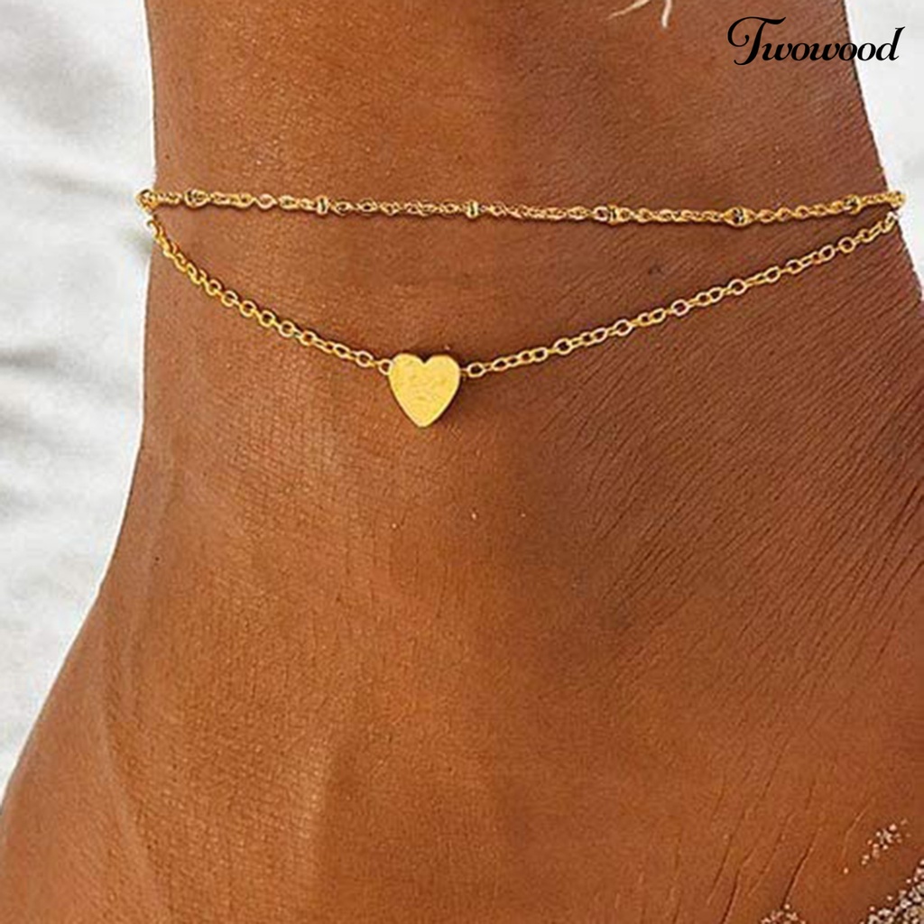 Gelang Kaki Rantai Double Layer Adjustable Portable Bentuk Hati Untuk Wanita