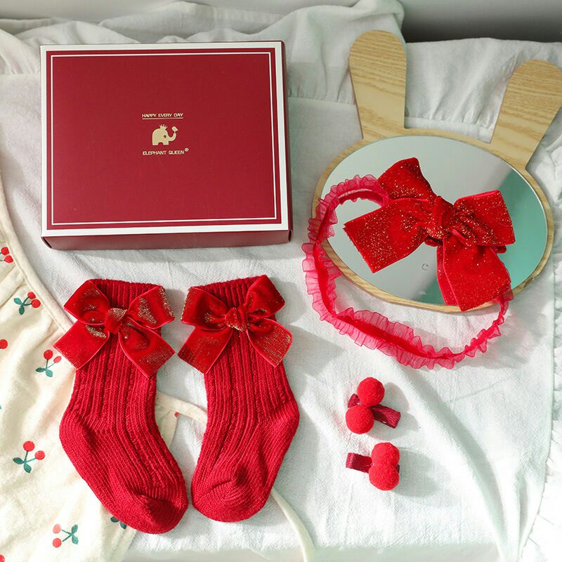 Set Natal imlek muaguek kaoskaki pita baby girl bandage socks red