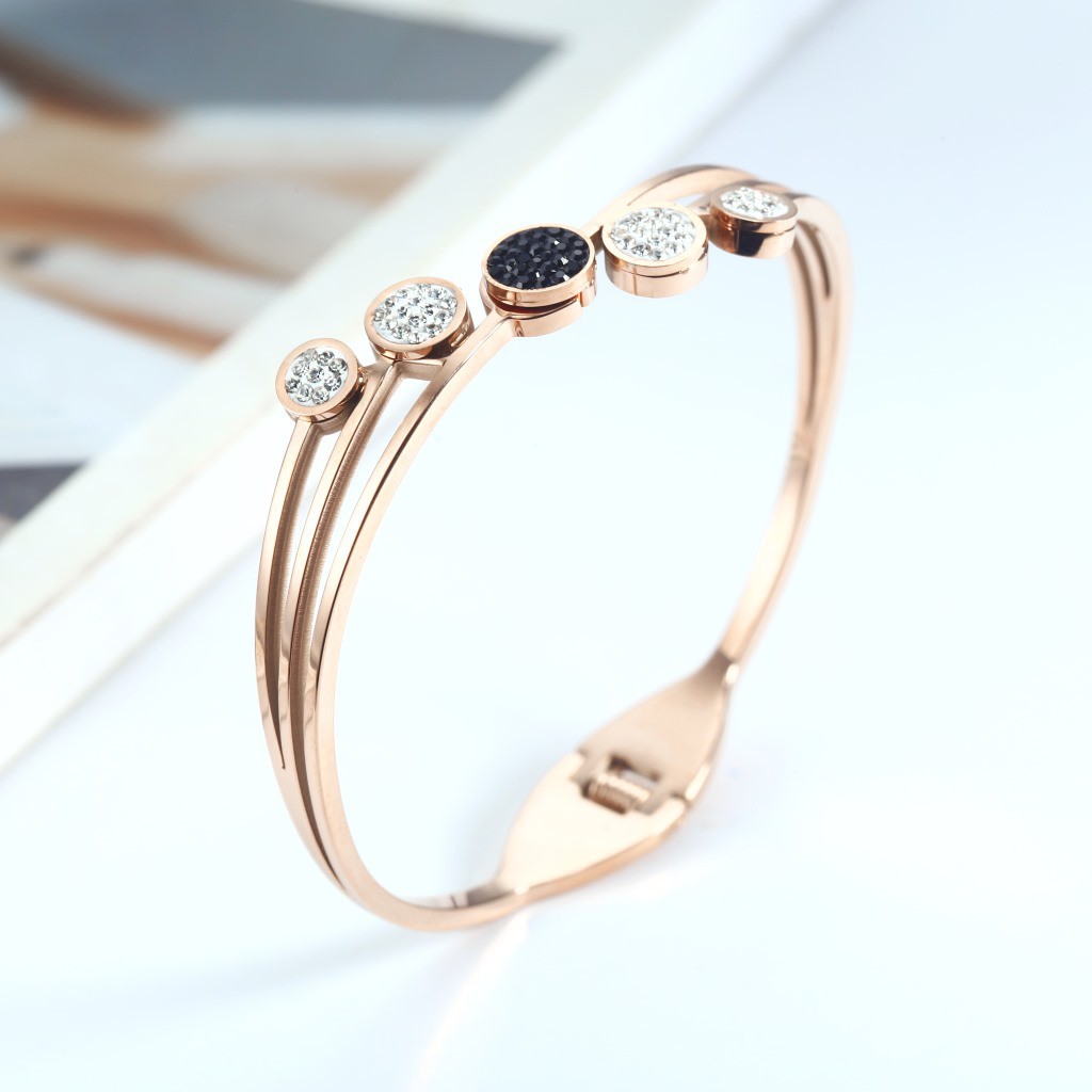 Gelang Titanium Premium Bangle 3 Layer Bulat Hitam Putih Rose Gold - BB503