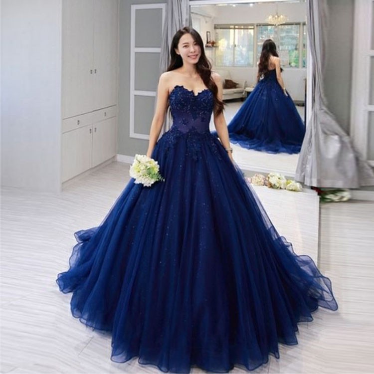 Gaun pesta ballgown tanpa lengan blue sweet heart wedding dress navy blue