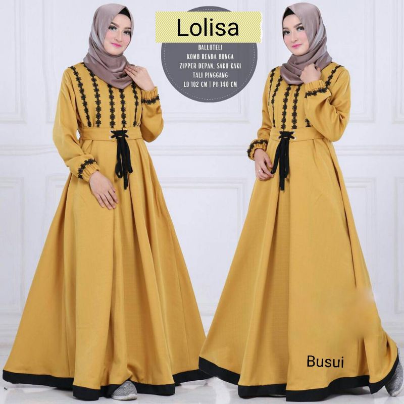 Baju Gamis Dress Kondangan Busui Wanita Muslim Motif Renda Bunga Rempel Tali Pita Depan LOLISA Warna