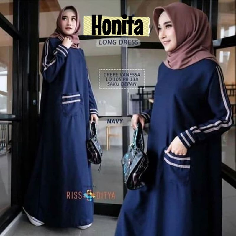 Baju Dress Muslim Wanita HONITA LONG DRESS Saku Kantong Depan Warna BIRU NAVY NAVI