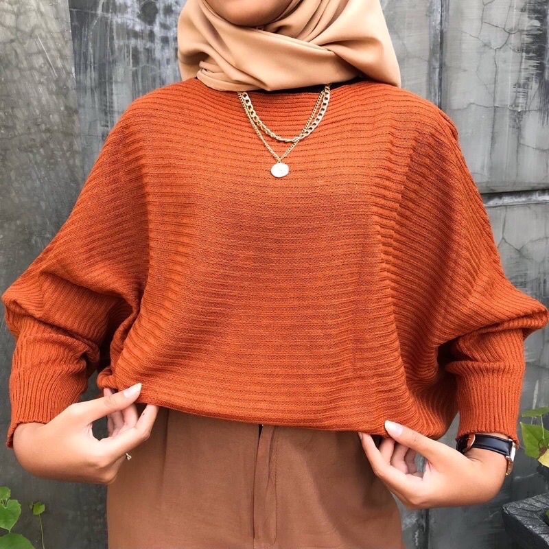 BLOUSE BAJU RAJUT BATWING | ATASAN WANITA MODEL KELELAWAR | OUTER RAJUT KALONG KNIT-1