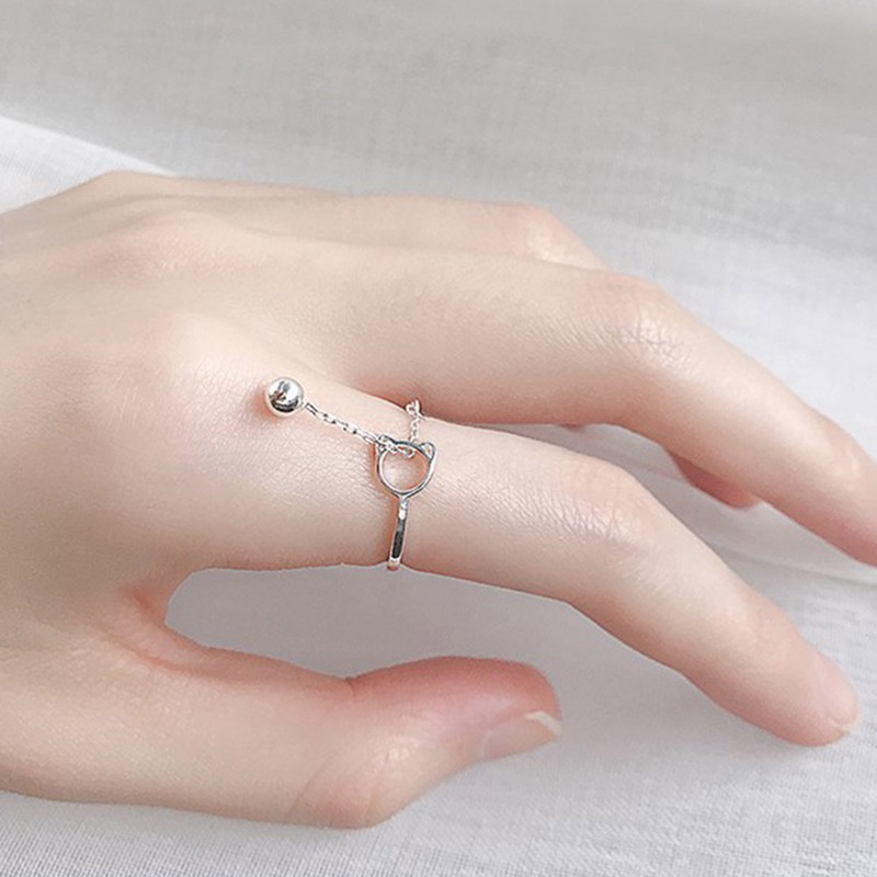 Mode Terkini Perak Tembaga Hollow Kucing Cincin Terbuka dengan Liontin Lonceng Rantai Pesona untuk