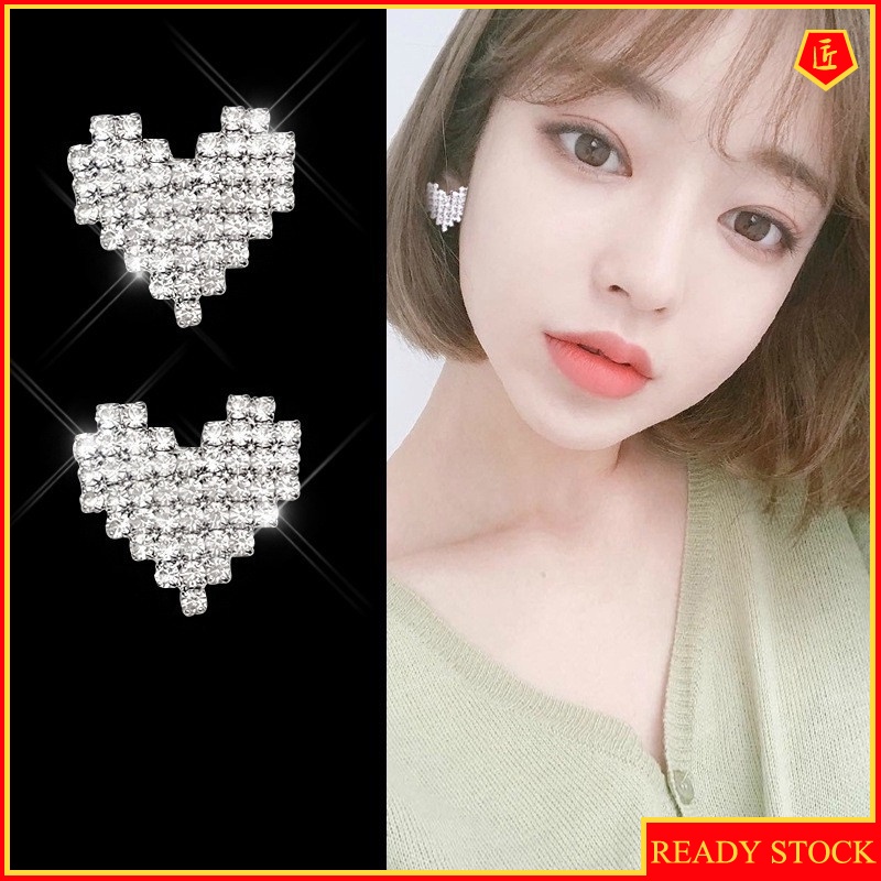 [Ready Stock]S925 Silver Heart-Shaped Diamond Earrings Simple Elegant