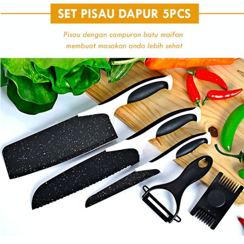 Set Pisau Dapur 5 in 1 Hitam Batu Maifan / Pisau Set 5pcs Kualitas Import Terbaik / Bisa Bayar Di Tempat