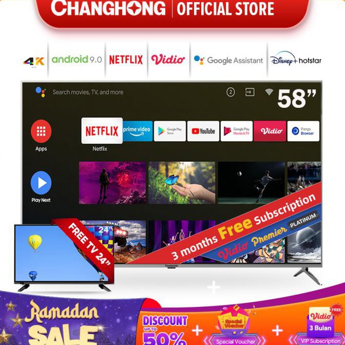 Ready&Siapkirim Changhong 58 Inch 4K Uhd Android 9.0 Smart Tv Netflix Led Tv -U58H7A