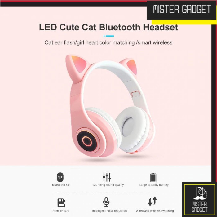 Bluetooth Headset Headphone Gaming LED Telinga Kucing Cute Cat Ear