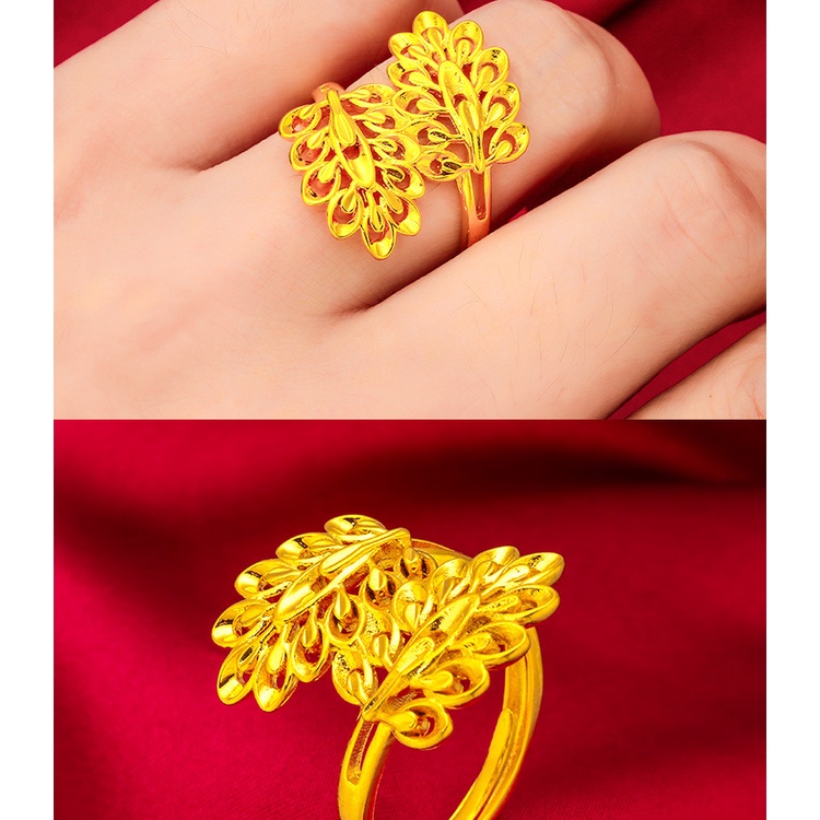 Goldkingdom Perhiasan Fashion Emas Asli Kadar 375 Bangkok Aksesoris Ready Stock Adjustable Dedaunan Wajah Lebar Cincin Untuk Wanita