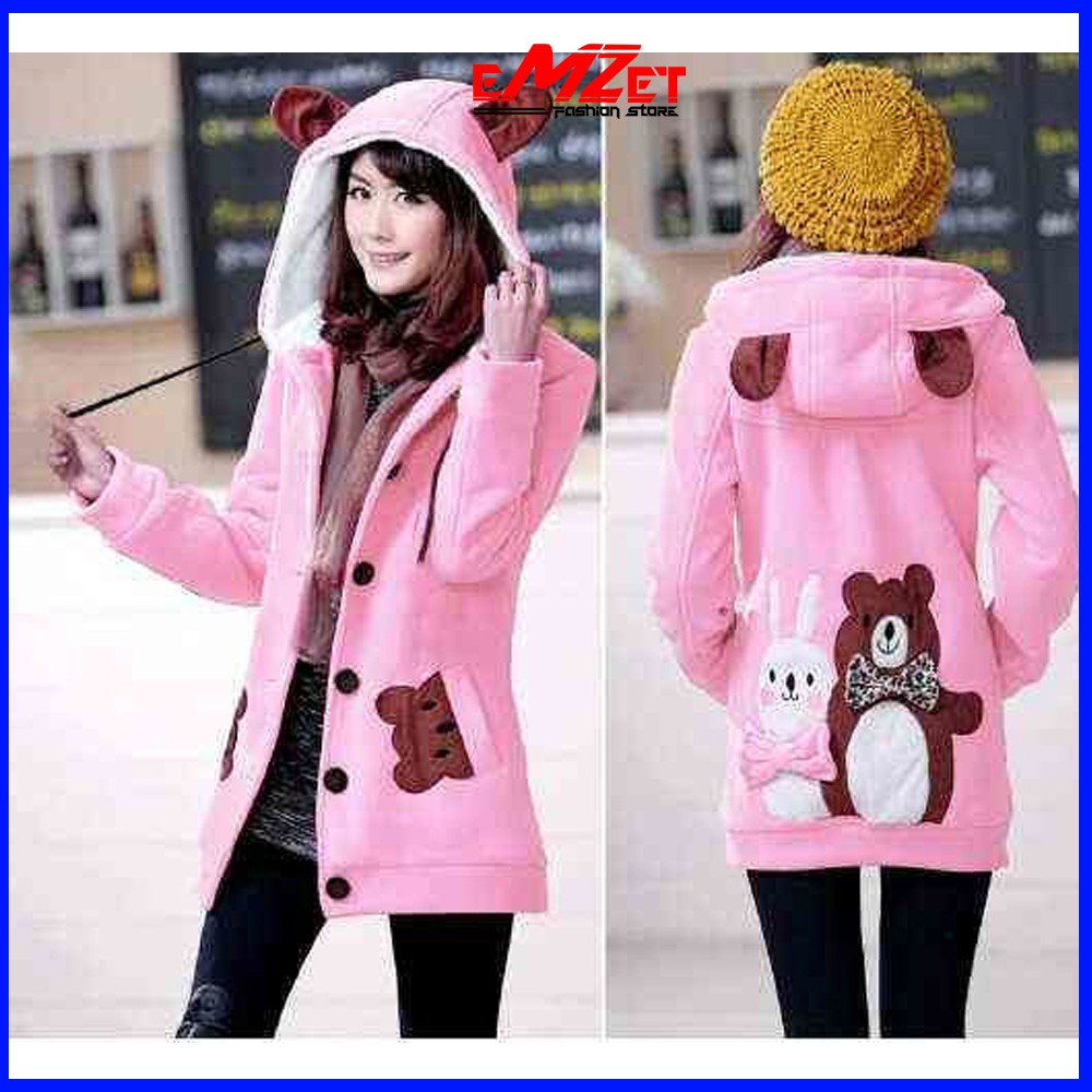 Jaket Wanita Cewek Pink Bear Lucu Cute Imut With Hoodie Gaya