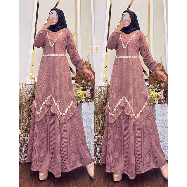 Baju Gamis Undangan Pesta Premium Brukat Mix Tiledot Full Furing Model Terbaru Kekinian Super Mewah 