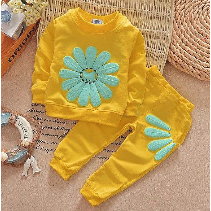 Setelan Baju Anak Perempuan Sun Flower | Pakaian Anak Bahan Fleece Umur 1-6 Tahun