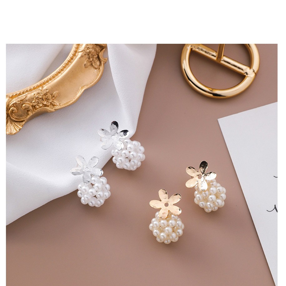 LRC Anting Tusuk Fashion Gold 925 Silver Needle Flower Pearl Ball Stud Earrings F4616x