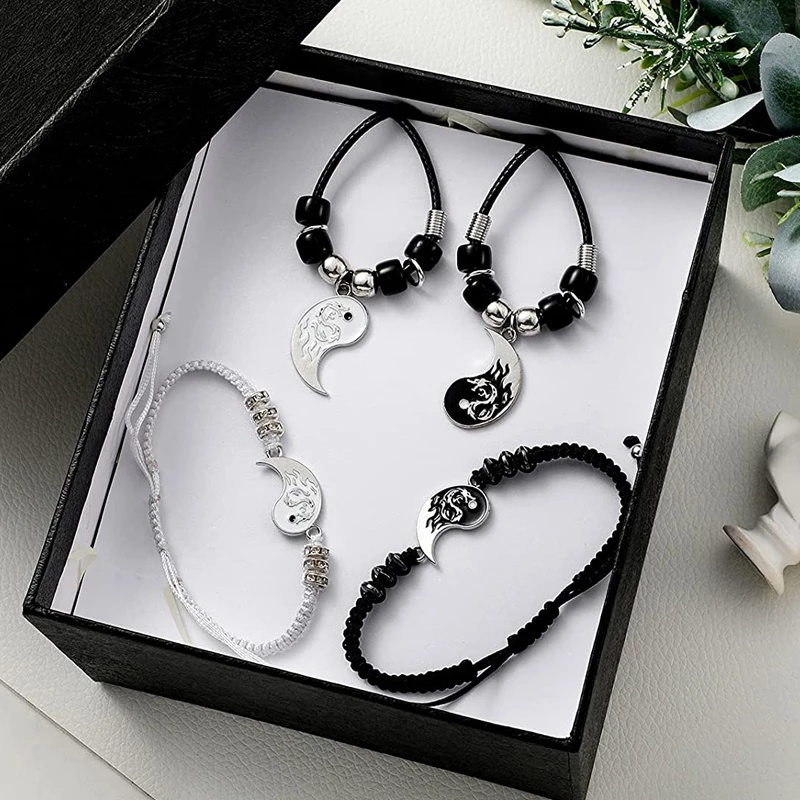 2pcs / set Gelang Kalung Liontin Yin Yang Bahan Alloy Warna Hitam Putih Gaya Retro Untuk Unisex