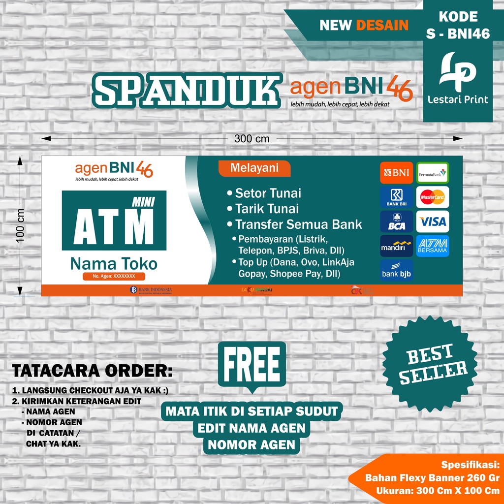SPANDUK AGEN BNI 46 3 METER X 1METER / BANNER AGEN BNI 46 / LESTARI PRINT